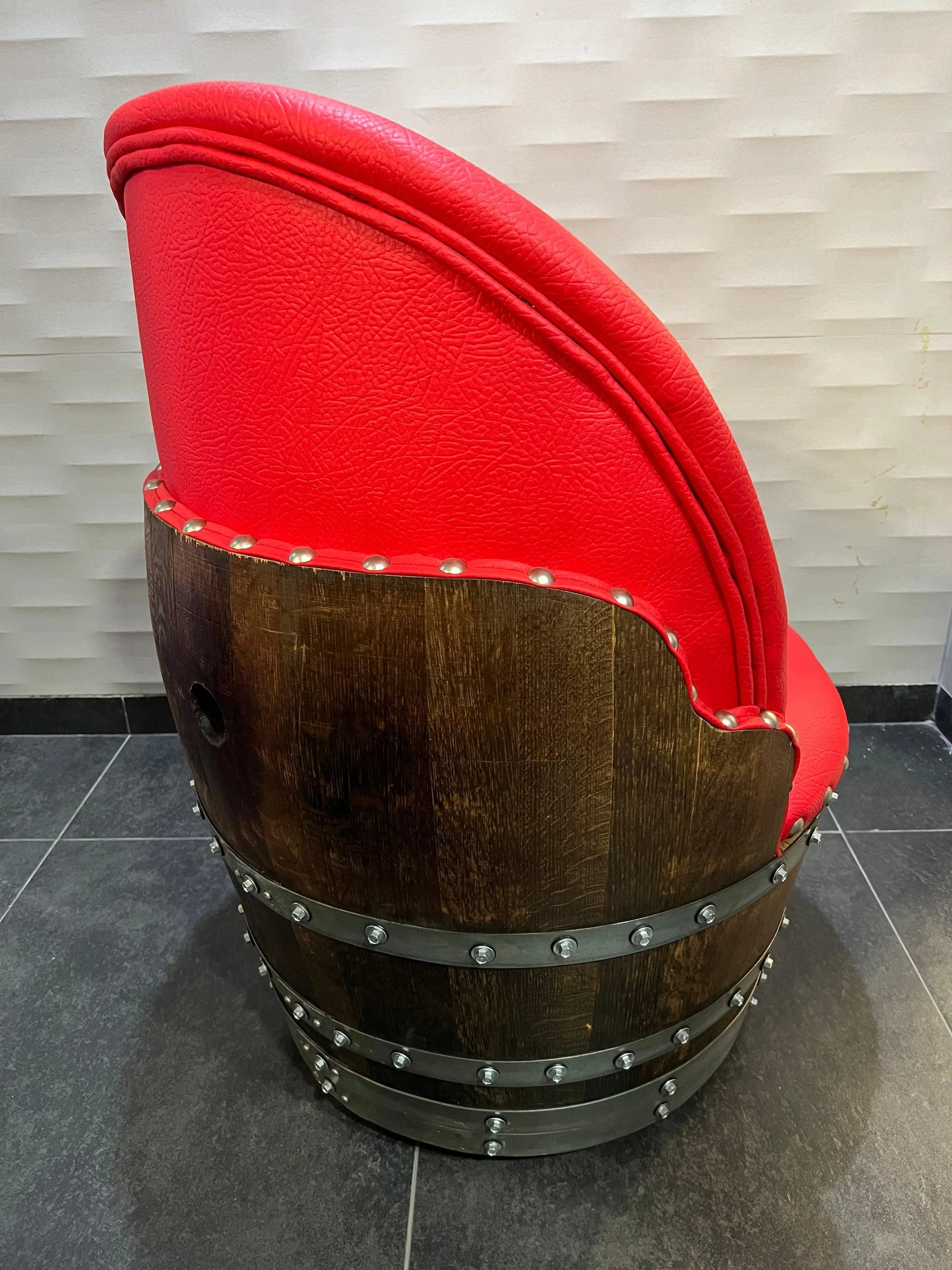 Wine Barrel Chair Red (Limited Colorway) - Oak Wood Wine Barrels. wine barrel coffee table barrel glass top wine barrel glass top whiskey barrel glass top bourbon barrel glass top barrel coffee table barrel wine rack wine barrel table whiskey barrel whiskey barrel table wine barrel handma