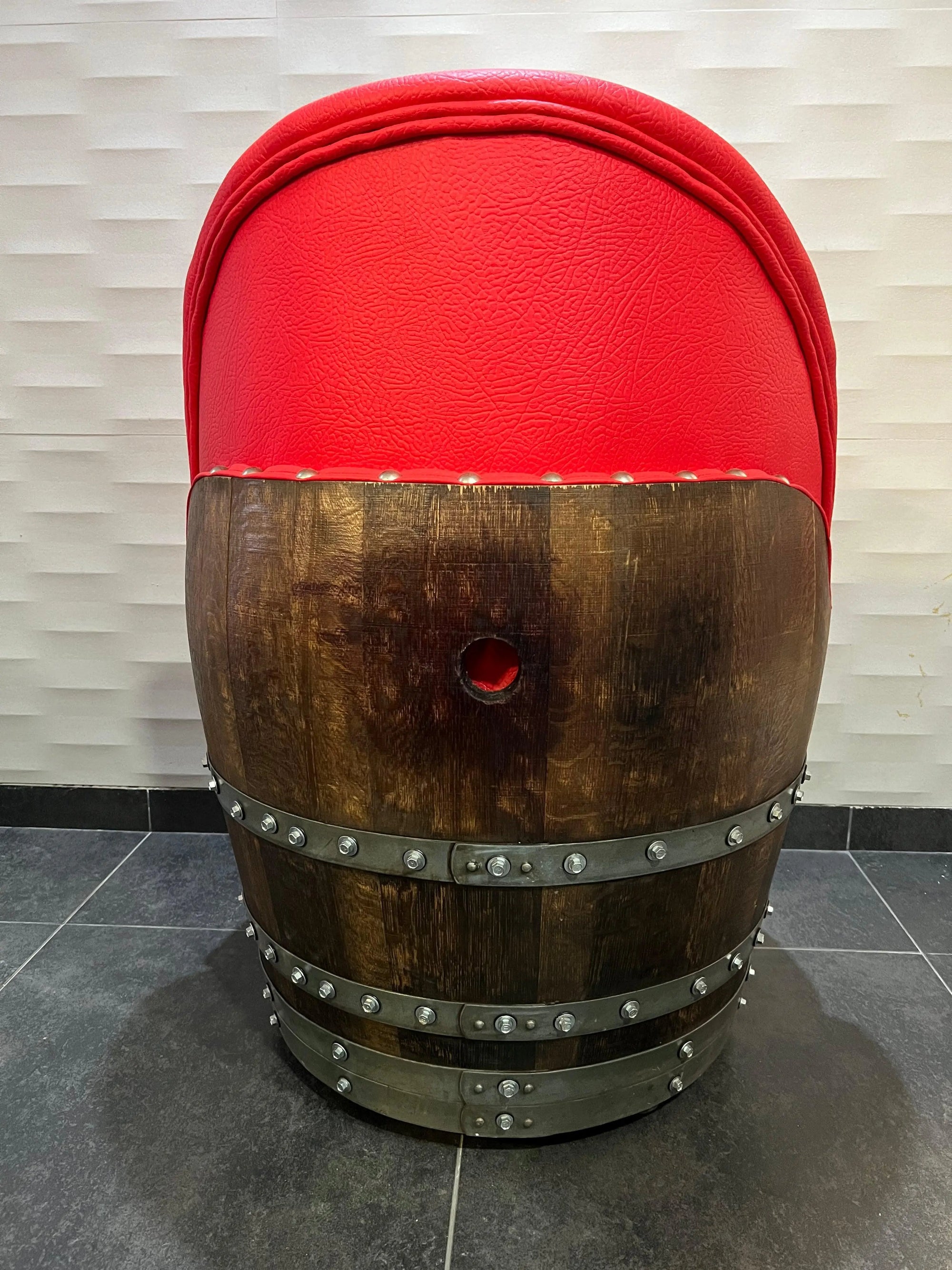 Wine Barrel Chair Red (Limited Colorway) - Oak Wood Wine Barrels. wine barrel coffee table barrel glass top wine barrel glass top whiskey barrel glass top bourbon barrel glass top barrel coffee table barrel wine rack wine barrel table whiskey barrel whiskey barrel table wine barrel handma