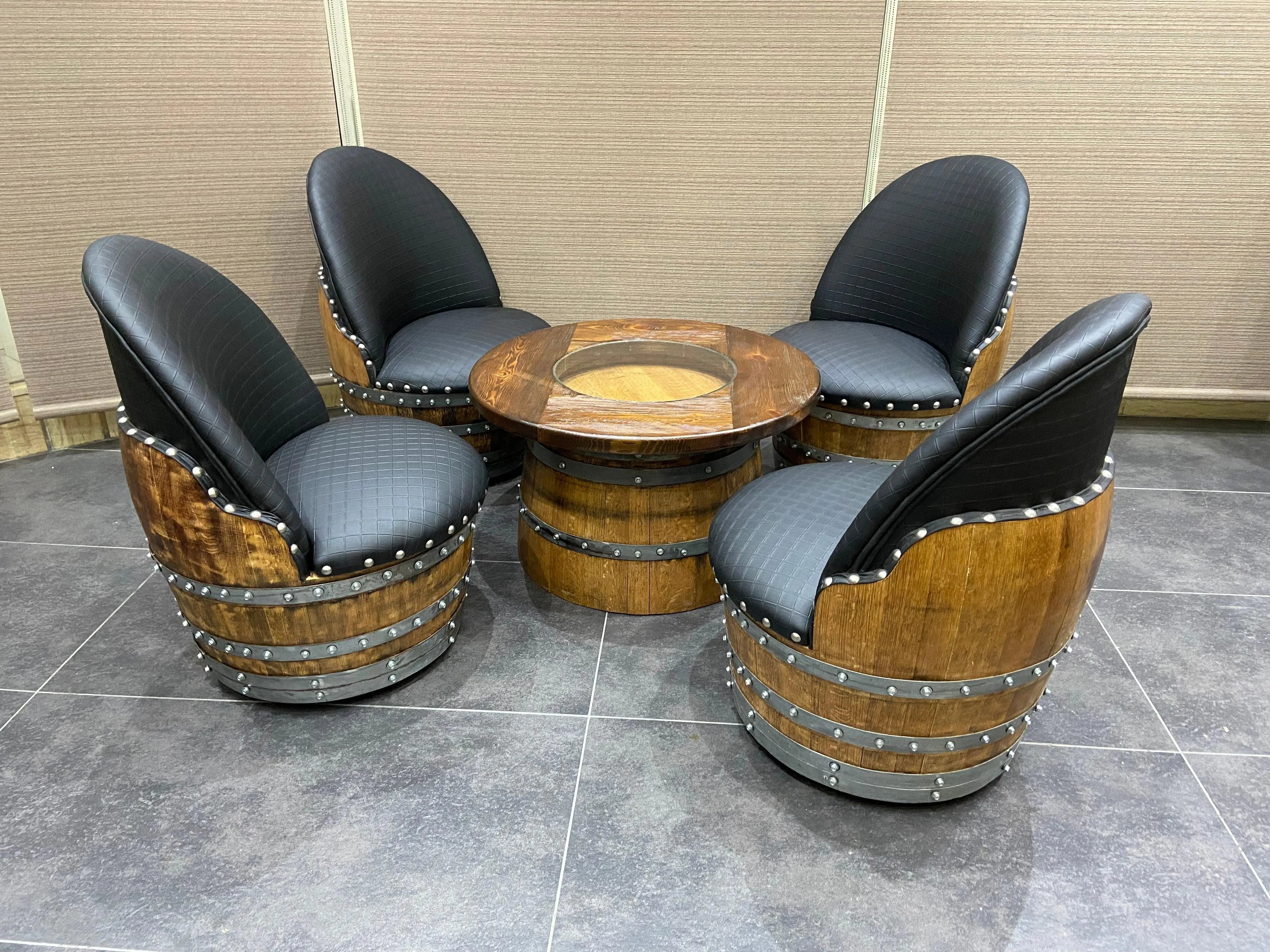 4-Chair Half-Barrel Full Lounge Set - Oak Wood Wine Barrels. wine barrel coffee table barrel glass top wine barrel glass top whiskey barrel glass top bourbon barrel glass top barrel coffee table barrel wine rack wine barrel table whiskey barrel whiskey barrel table wine barrel handma