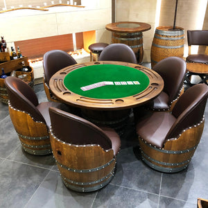 6-Chair Barrel Game Set (With Dining Top Option) - Oak Wood Wine Barrels. wine barrel coffee table barrel glass top wine barrel glass top whiskey barrel glass top bourbon barrel glass top barrel coffee table barrel wine rack wine barrel table whiskey barrel whiskey barrel table wine barrel handma