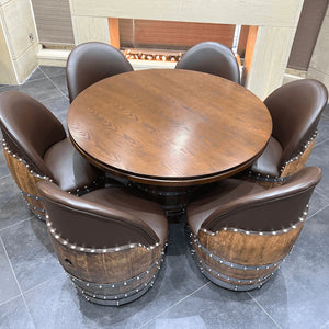 6-Chair Barrel Game Set (With Dining Top Option) - Oak Wood Wine Barrels. wine barrel coffee table barrel glass top wine barrel glass top whiskey barrel glass top bourbon barrel glass top barrel coffee table barrel wine rack wine barrel table whiskey barrel whiskey barrel table wine barrel handma