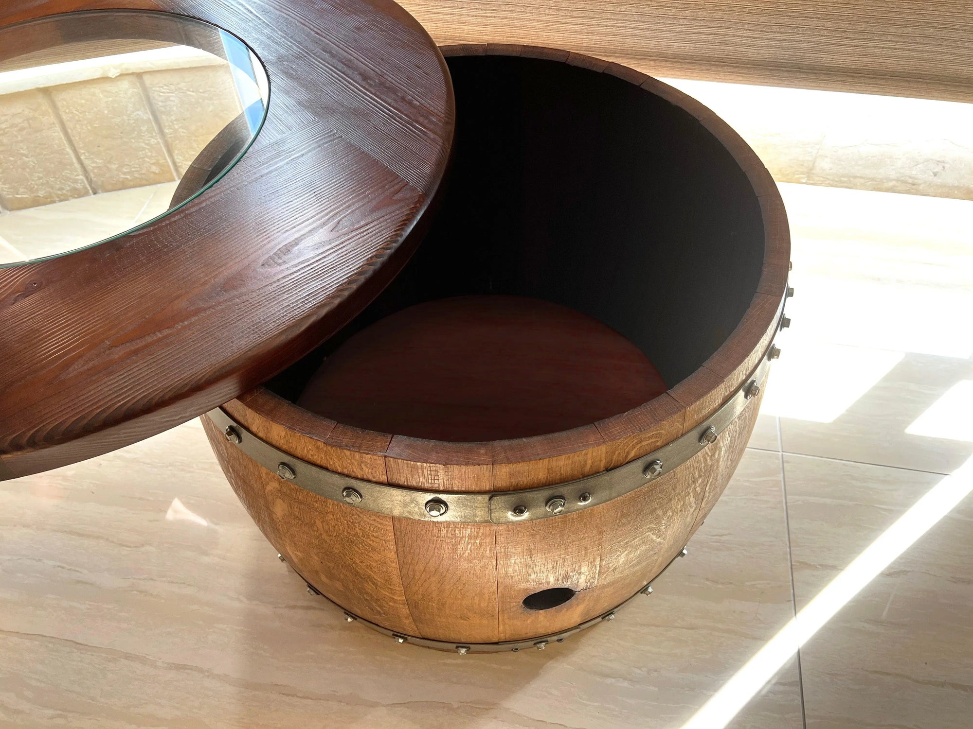 OBARREL Mid-Wine Barrel Table - -Glass - BARREL FURNITURE - Oak - Oak ...